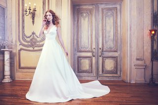 "Waldorf" by Sareh Nouri waldorf-by-sareh-nouri-spring-2018-shantung-natural-waist-ball-gown-deep-v-neck-pockets