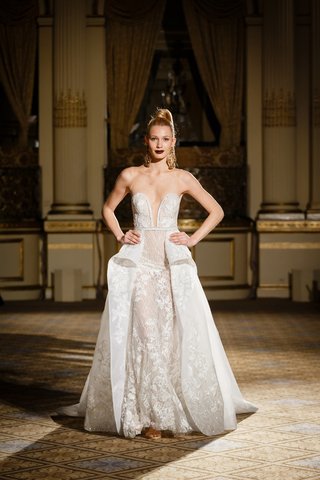 Strapless Gown with Pleated Overskirt by Berta berta-spring-summer-2018-gown-plunging-neckline-intricate-lace-detailing-beading-floral