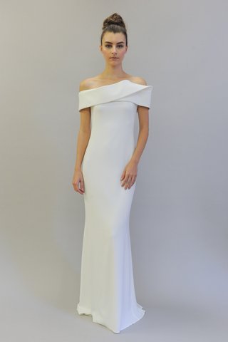 Austin Scarlett "Simone" austin-scarlett-fall-2017-simone-faille-and-crepe-structured-off-the-shoulder-sheath-gown
