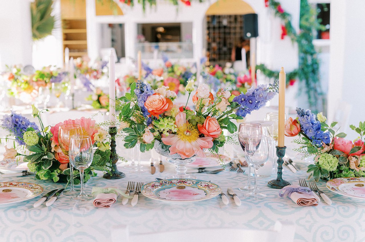Colorful Centerpieces at Restaurant Reception in Greece