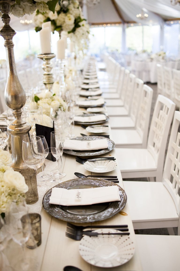 Long Reception Table, Metallic Chargers