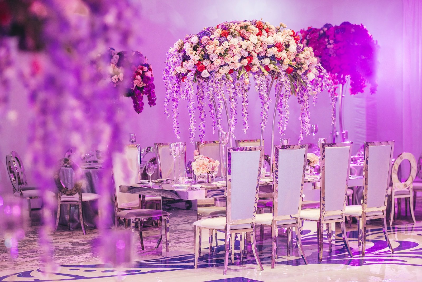 Fuchsia Lighting at Ballroom Reception