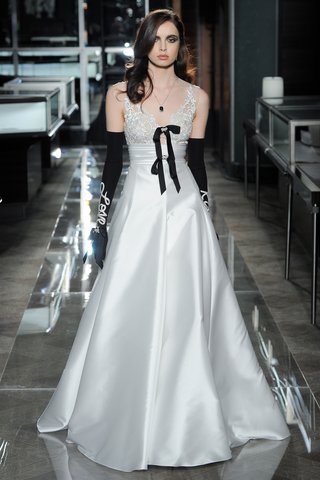 "Graceful" by Reem Acra reem-acra-spring-2018-silk-mikado-empire-gown-gathered-waist-embroidered-v-neck-bodice-bridal-unique