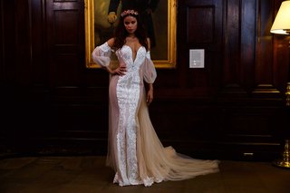 Style 16-111 by Berta berta-bridal-fall-winter-2016-wedding-dress-deep-plunging-neckline-sheer-side-panels-puffy-sleeves