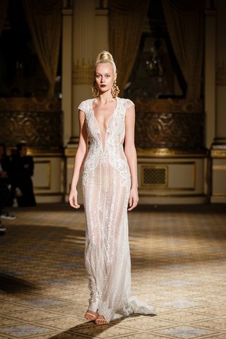 Sheath Gown with Heavy Bead Embellishments by Berta berta-spring-summer-2018-fitted-sheath-gown-heavy-beaded-capped-sleeves-deep-v-neckline