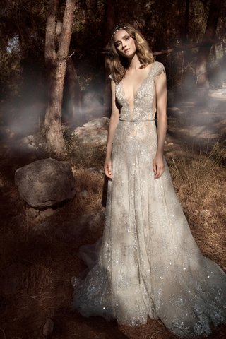Gown with Plunging Neckline, Sparkling Embellishments by GALA by Galia Lahav a-dress-with-a-plunging-neckline-crystal-embellishments-capped-sleeves-and-a-thing-belt-by-gala-b