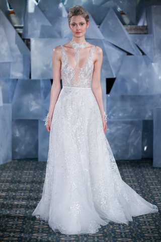 "Nola" by Mira Zwillinger mira-zwillinger-spring-2019-wedding-dress-nola-v-neck-a-line-tulle-gown-silver-leaf-organza-sheer