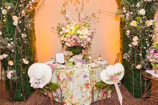 Tea Hat Wedding Favors bistro-chairs-with-moss-and-white-hats-with-fresh-flowers