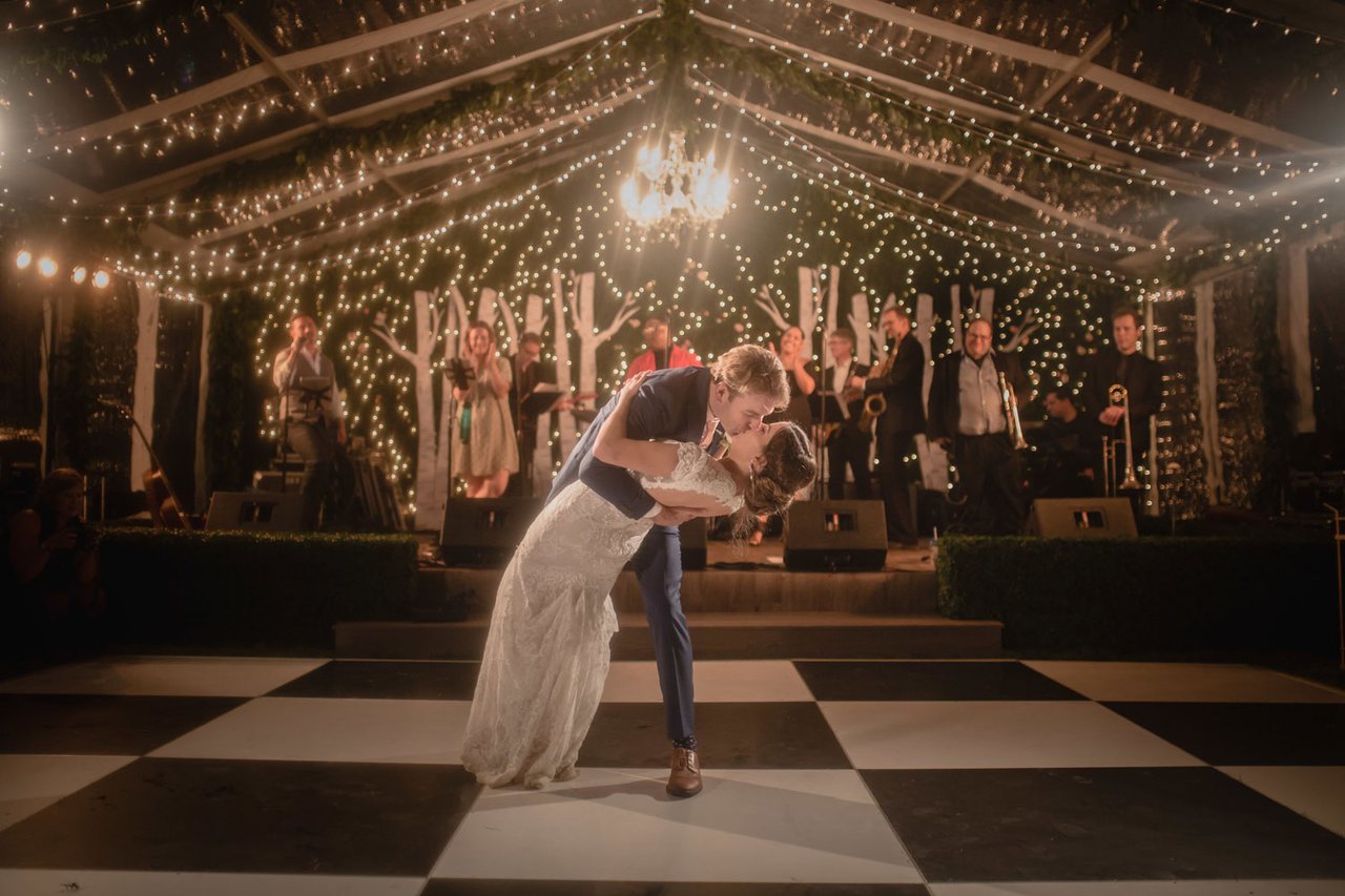 Bride & Groom Dip on Romantic Dance Floor