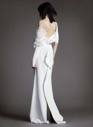 "Clémentine" by Vera Wang vera-wang-spring-2018-clementine-one-shoulder-draped-crepe-gown-asymmetrical-sleeves-organza
