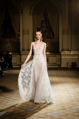 Illusion Gown with Deep V-Neckline, Floral Appliqués by Berta berta-spring-summer-2018-fitted-illusion-gown-flowing-overskirt-3-d-floral-appliques-deep-v-neckline