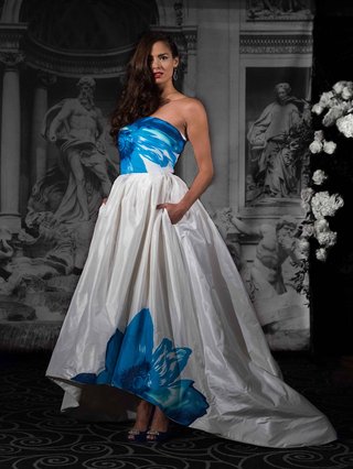 "Chiaira" by Sarah Jassir 2016 sarah-jassir-la-dolce-vita-2016-high-low-strapless-ball-gown-with-large-blue-flower-print