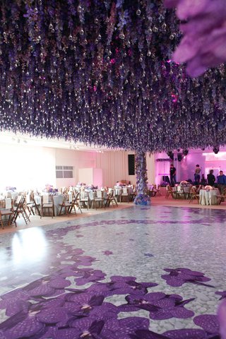 floor hanging flowers dance purple themed concept garden whimsical weddings floral shades pink crystals insideweddings sheri whitko suspended inside