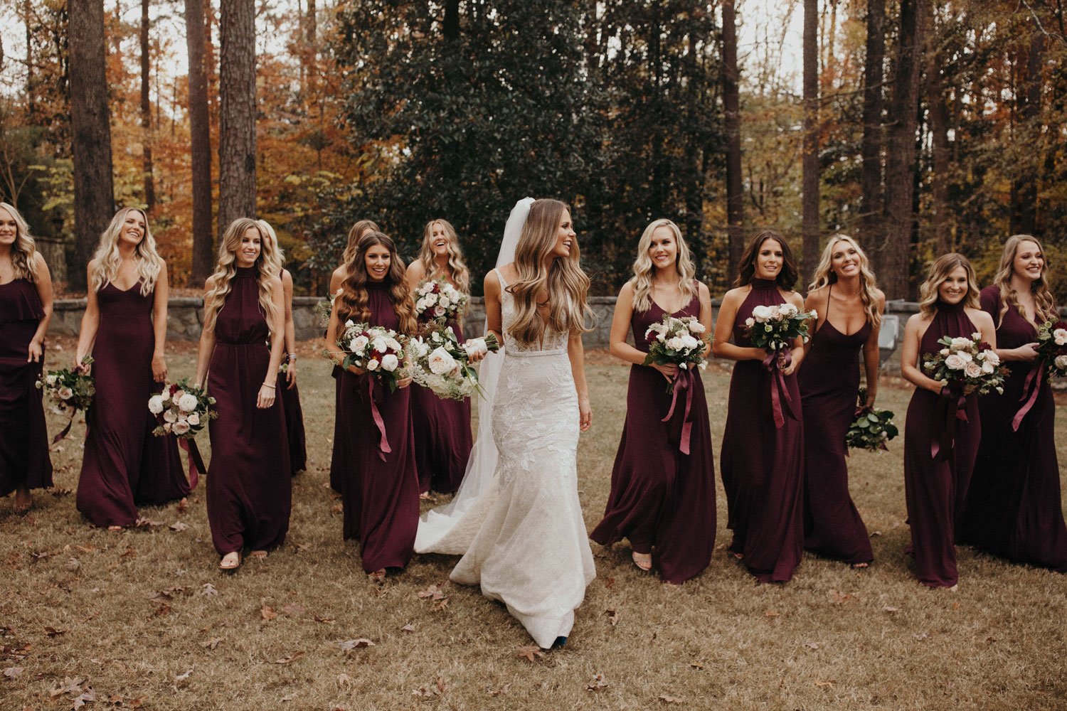 Bridesmaids in Burgundy Dresses