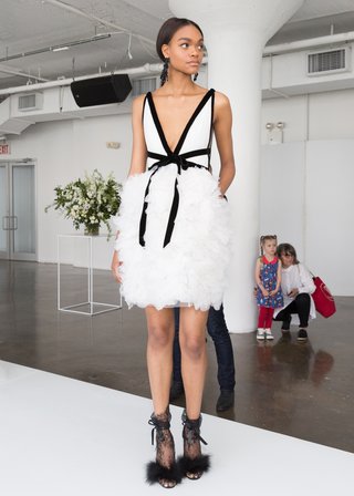 Short Dress with Black Trim by Marchesa Bridal marchesa-bridal-spring-summer-2018-tea-length-dress-deep-v-neckline-black-trim-bodice-ruffled-skirt