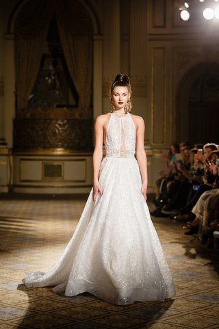 A-Line Gown with Halter Neck, Silver Details by Berta berta-spring-summer-2018-a-line-gown-halter-neckline-illusion-bodice-silver-detailing