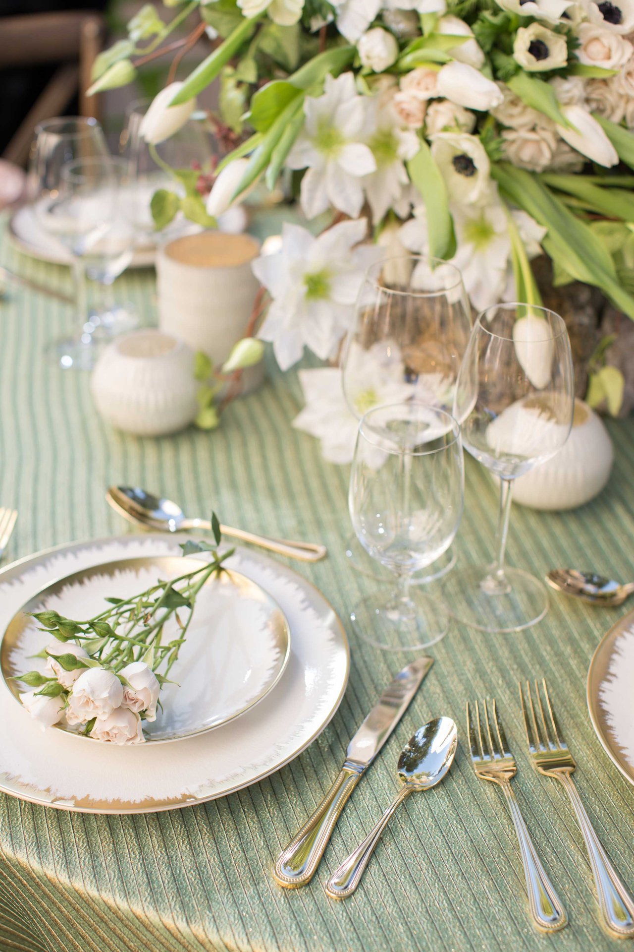 WhiteandGold Charger Plates on Green Tablescape