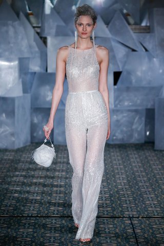 "Sakie" by Mira Zwillinger mira-zwillinger-spring-2019-wedding-dress-sakie-jumpsuit-sheer-silver-sequins-sleeveless