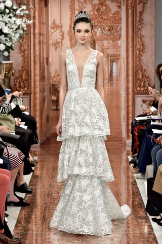 "Georgiana" by THEIA georgiana-by-theia-spring-2019-ivory-re-embroidered-lace-triple-tiered-halter-gown