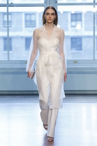 99036 by Justin Alexander 99036-by-justin-alexander-spring-2019-strapless-crepe-pantsuit-and-trench-coat
