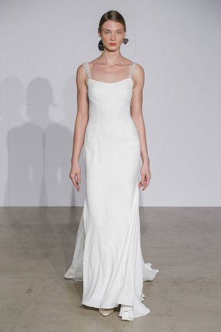 Look 2 by Justin Alexander justin-alexander-fall-2018-fit-and-flare-crepe-gown-with-beaded-sheer-detail