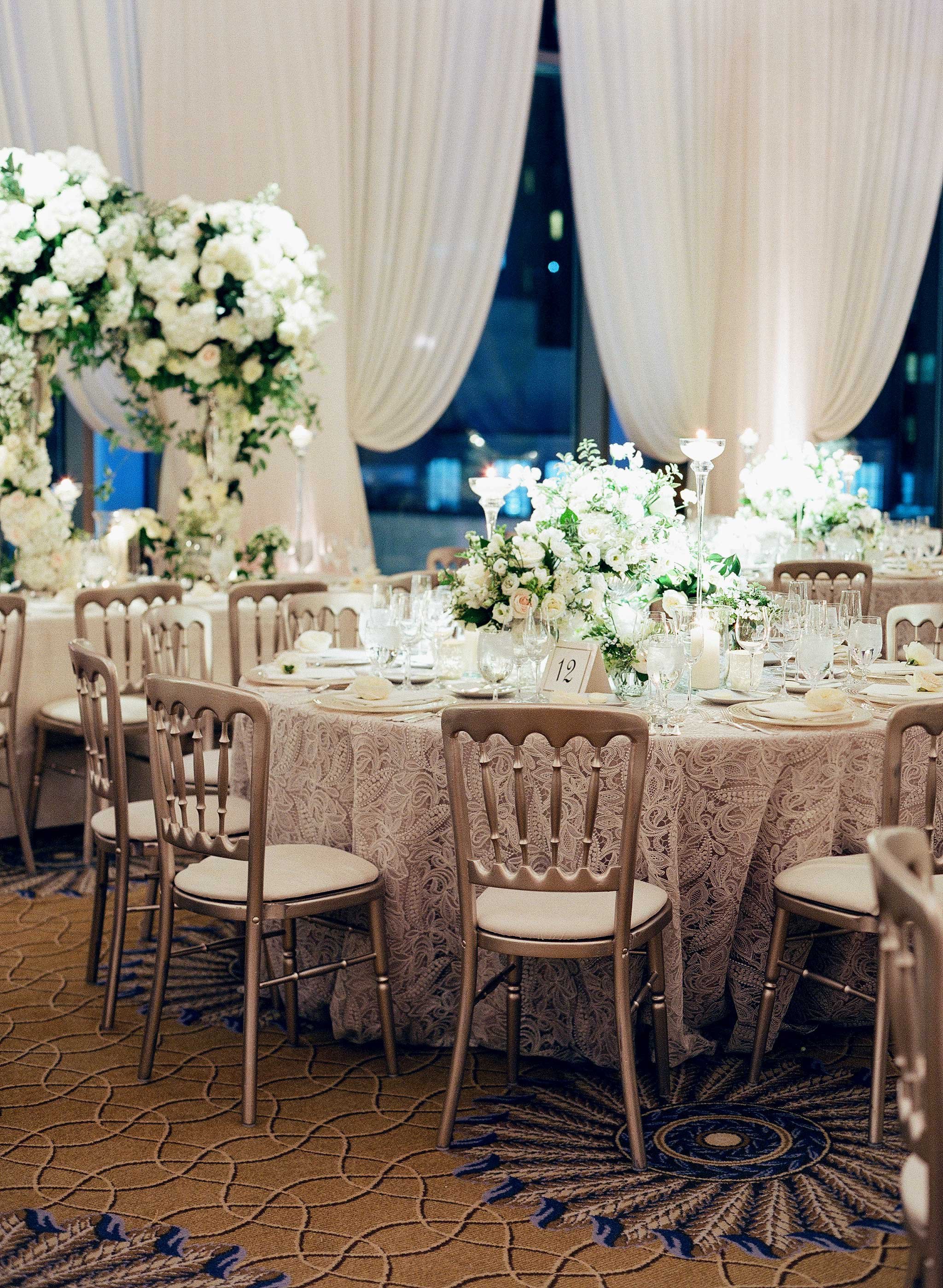 Textured Linens, Silver Chairs in Ballroom