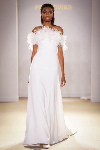 Feathered Gown by Pronovias atelier-pronovias-2019-bridal-collection-wedding-dresses-strapless-sheath-gown-with-lots-of-feathers
