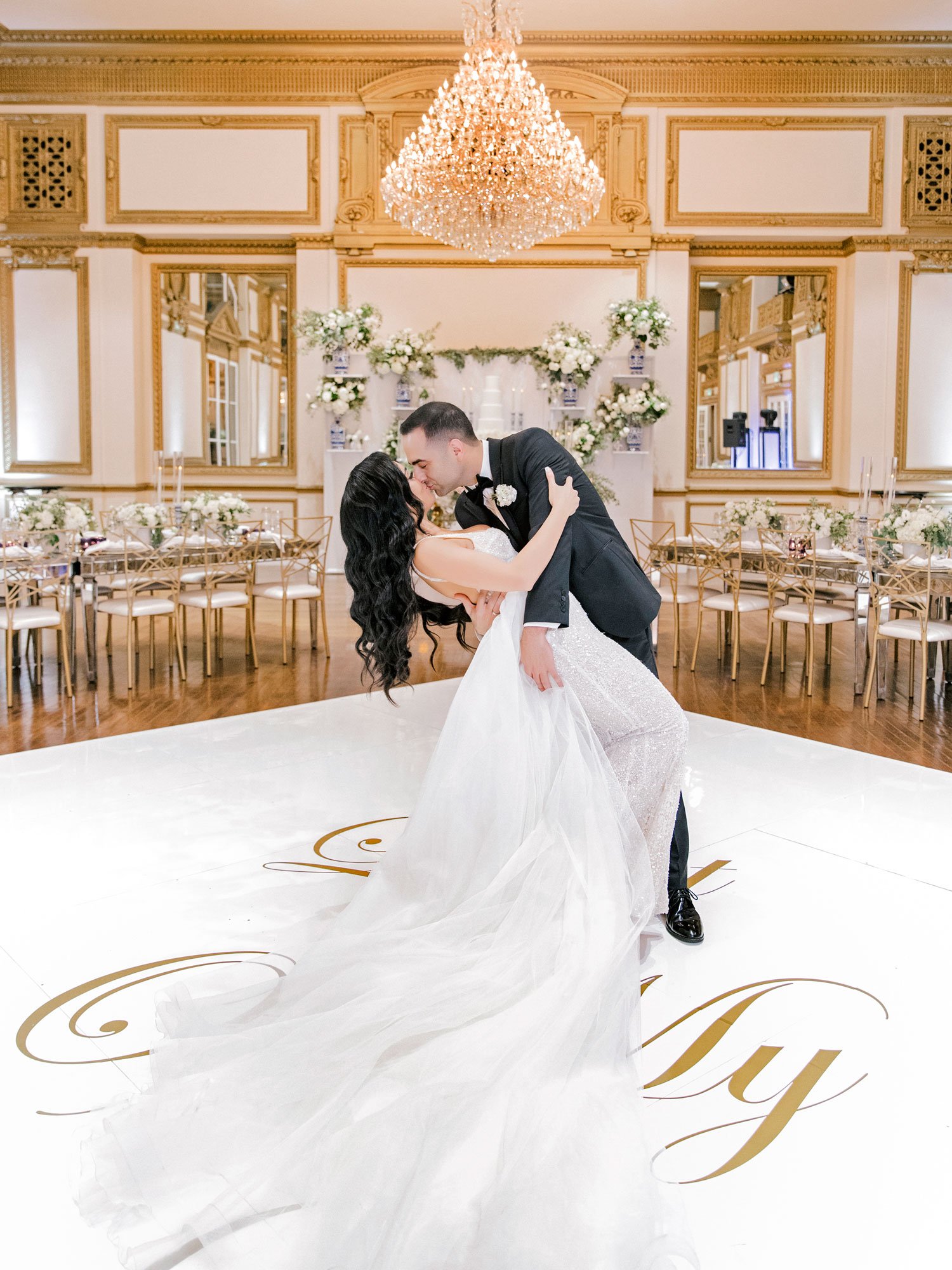 Couple Kisses on Custom Dance Floor