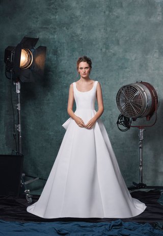 "Meryl" by Sareh Nouri sareh-nouri-fall-2019-bridal-collection-wedding-dress-meryl-faille-scoop-neck-ball-gown-box-pleats