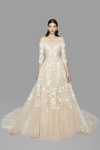 Look 12 Marchesa look-12-marchesa-fall-2017-ivory-nude-off-the-shoulder-tulle-ball-gown-3d-ribbon-3-4-sleeves