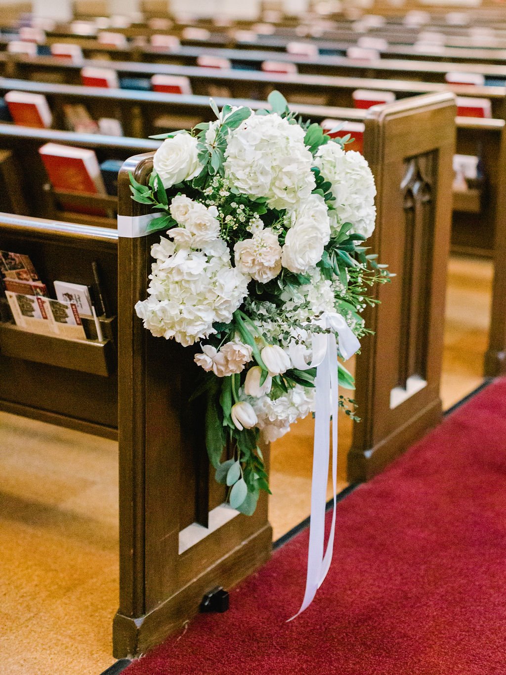 Ivory & Greenery Church Pew Arrangement