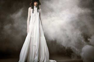 "Clémence" by Vera Wang vera-wang-spring-2018-clemence-ivory-halter-mousseline-chiffon-tiered-peasant-gown-necktie