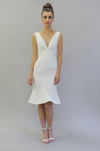 Austin Scarlett "Gemma" (Front) austin-scarlett-fall-2017-gemma-crepe-draped-v-neck-flare-back-knee-length-reception-dress