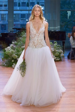 "Viola" by Monique Lhuillier monique-lhuillier-fall-2017-bridal-collection-viola-drop-waist-v-neck-wedding-dress-embroidery-tulle
