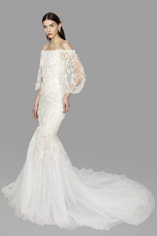 Look 11 Marchesa look-11-marchesa-fall-2017-ivory-off-the-shoulder-fit-flare-tulle-floral-embroidery-flowing-sleeves