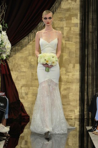 "Ida" by THEIA Fall 2016 ida-satin-wedding-dress-with-spaghetti-straps-and-sheer-lace-skirt