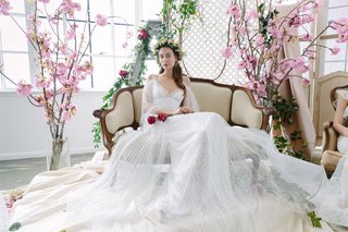 V-Neck Gown with Peek-a-Boo Sleeves by Marchesa Notte Bridal marchesa-notte-bridal-spring-summer-2018-gown-v-neck-peek-a-boo-sleeves-tulle-fabric-illusion-lace