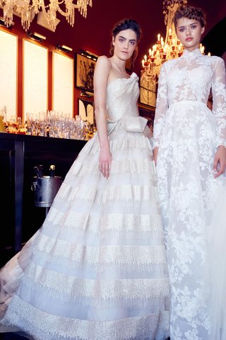 "Mercedes" & "Amparo" by Isabelle Armstrong isabelle-armstrong-fall-2018-wedding-dress-mercedes-stripe-ball-gown-drape-amparo-high-neck-long