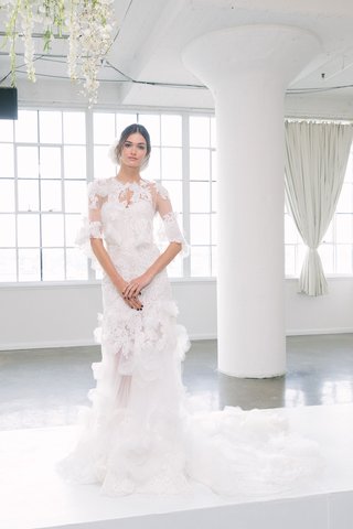 Look 6 by Marchesa Bridal FW18 marchesa-bridal-fall-2018-collection-wedding-dress-lace-bridal-gown-sheer-skirt-and-over-blouse