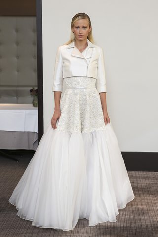 Look 12 by Gracy Accad gracy-accad-fall-2018-beaded-lace-and-net-ball-gown-with-silk-and-wool-moto-jacket