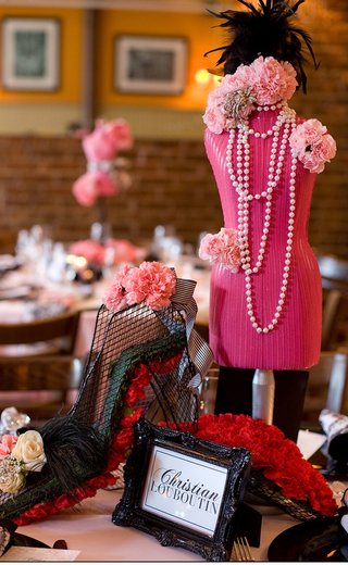 Parisian-Themed Centerpiece black-framed-table-name-and-pink-mannequin-centerpiece