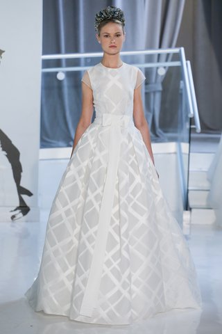 "Arielle" by Peter Langner arielle-by-peter-langner-spring-2018-jewel-neckline-ball-gown-in-silk-jacquard-large-plaid-pattern