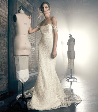 "Elise" by Sareh Nouri sareh-nouri-fall-2018-wedding-dress-elise-off-shoulder-wedding-dress-embroidery-lace-scoop-neck