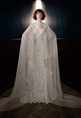 "Rayne" with "Sterling" Cape by Galia Lahav galia-lahav-spring-2018-mermaid-column-gown-sheer-guipure-lace-victorian-cape-sterling-tulle