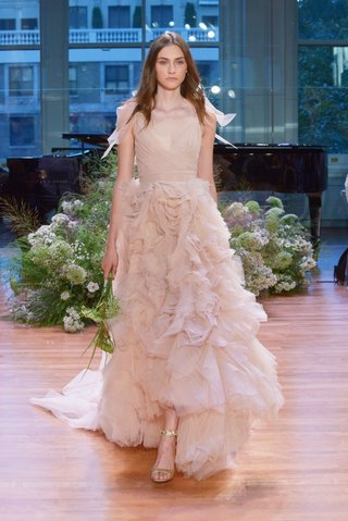 "Ballad" by Monique Lhuillier monique-lhuillier-fall-2017-bridal-collection-ballad-blush-v-neck-ruffle-skirt-high-low-dress