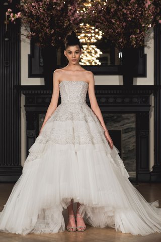 "Taylor" by Ines Di Santo ines-di-santo-spring-2019-bridal-collection-wedding-dress-taylor-strapless-high-low-ball-gown-ruffle
