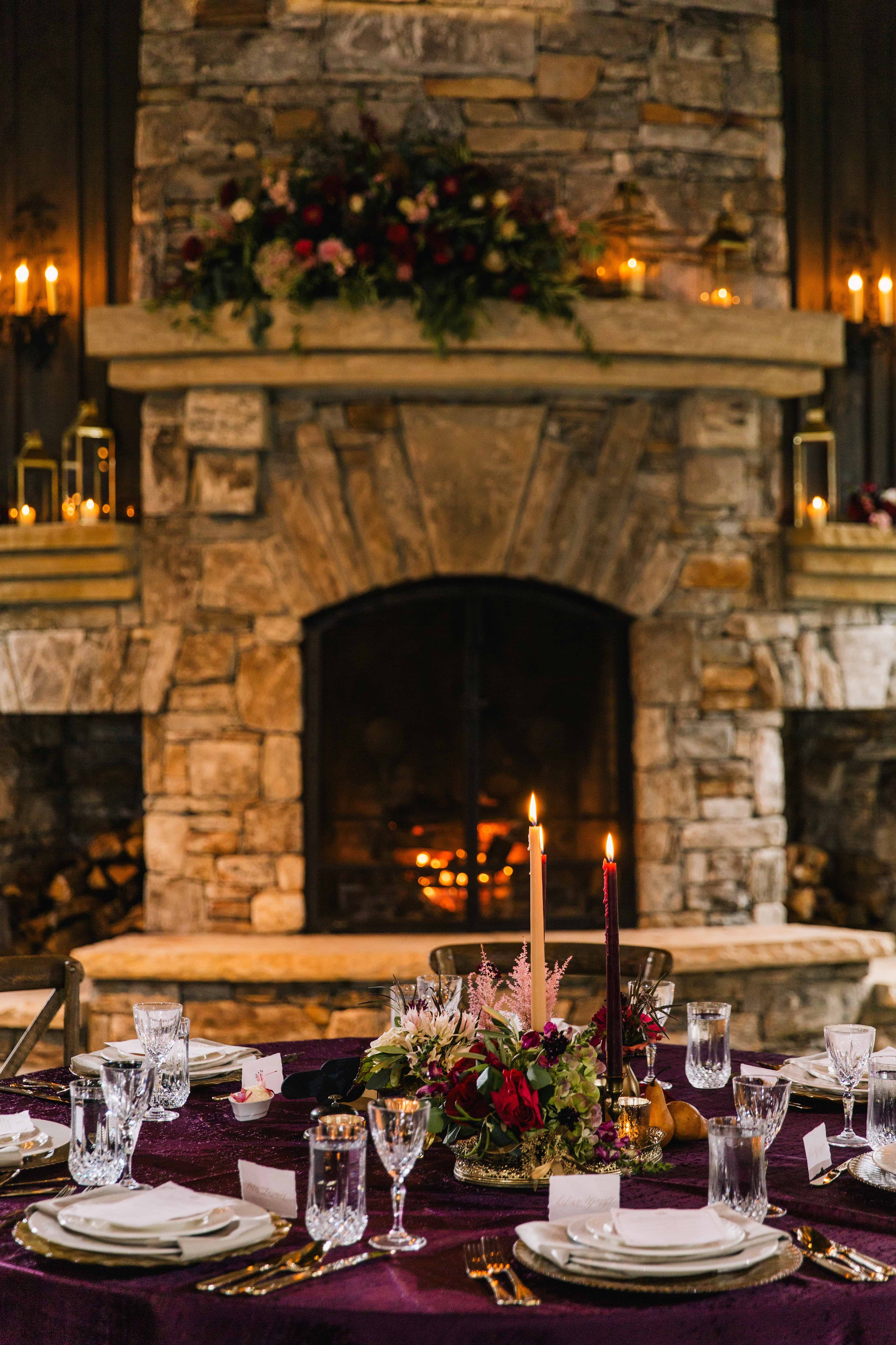 Cozy and Rustic Table in Front of Fireplace