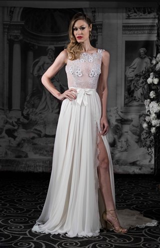 "Valeria" by Sarah Jassir 2016 sarah-jassir-la-dolce-vita-2016-sheer-wedding-dress-and-chiffon-skirt-with-slit-and-bow-belt