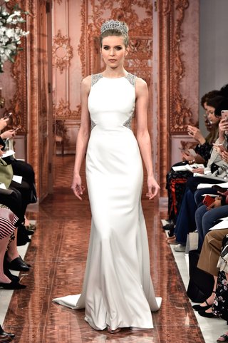 "Jordan" by THEIA jordan-by-theia-spring-2019-ivory-crepe-fitted-gown-with-hand-embroidered-silver-pearl-scroll
