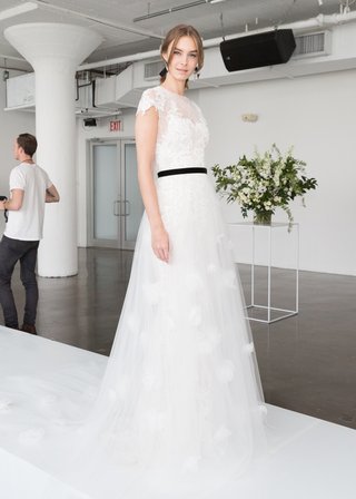 High-Neck Illusion Gown, Capped Sleeves by Marchesa Bridal marchesa-bridal-spring-summer-2018-gown-high-neck-illusion-capped-sleeves-black-belt-floral-skirt